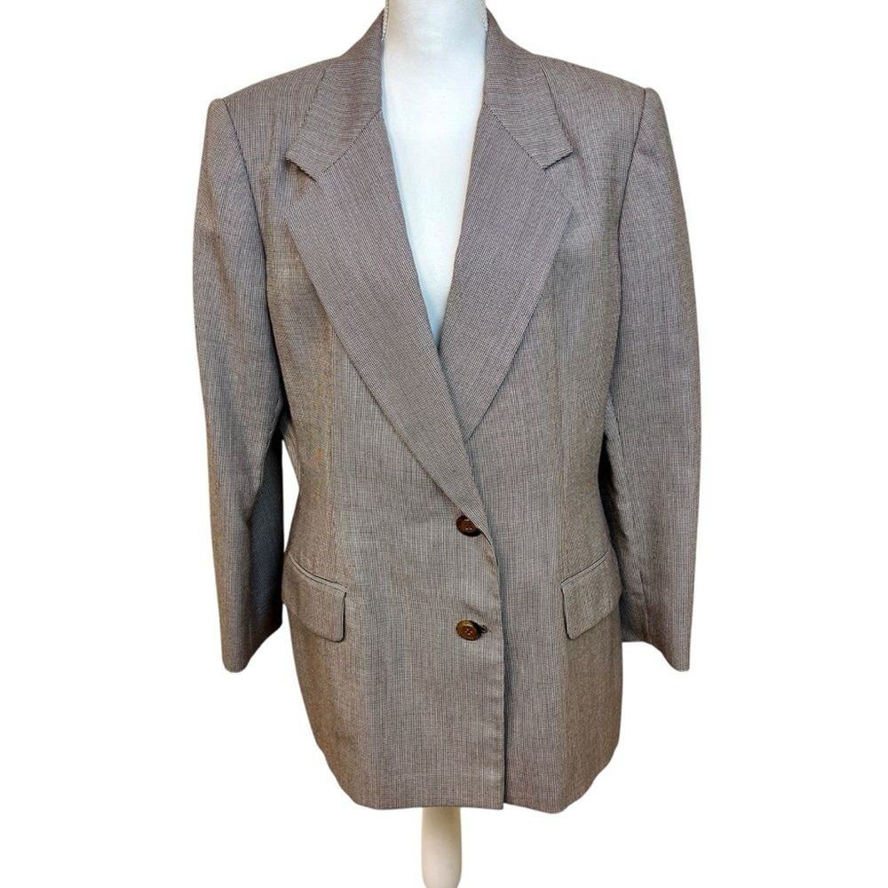 Vintage 90s Brown Houndstooth Check Blazer 14 Plaid Dark Academia Preppy Twee